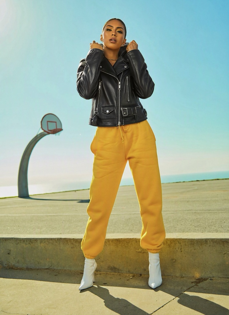 The same shopper wearing the Moto Leather Jacket, generated by Silhou